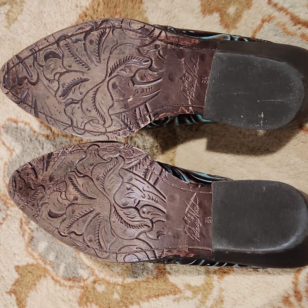 Patricia Nash Tooled Turquoise & Brown Leather Battista Mules Size 8.5 - Picture 9 of 10